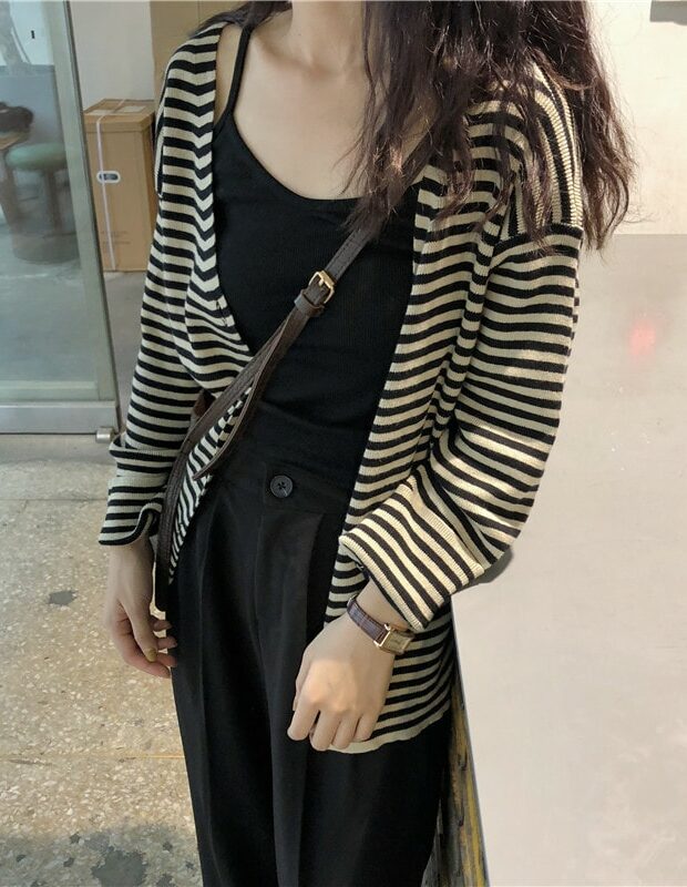 Black And White V-Neck Striped Knit Cardigan