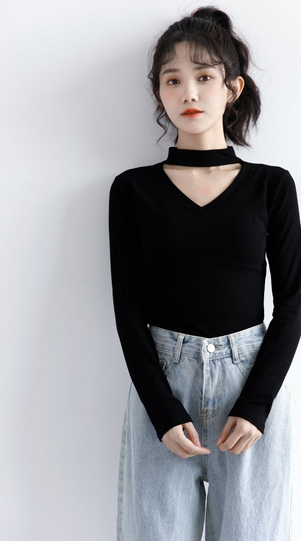 New Black Vneck Long Sleeve Top