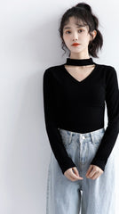 New Black Vneck Long Sleeve Top