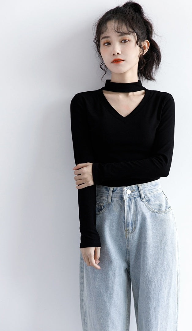 New Black Vneck Long Sleeve Top