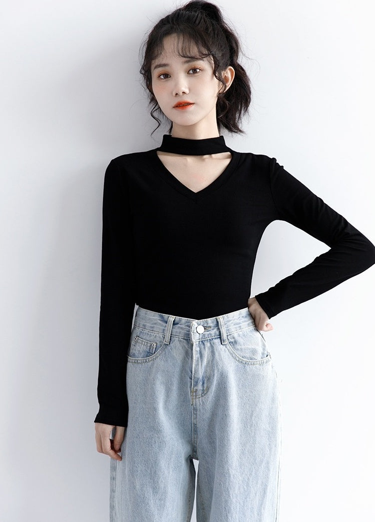 New Black Vneck Long Sleeve Top