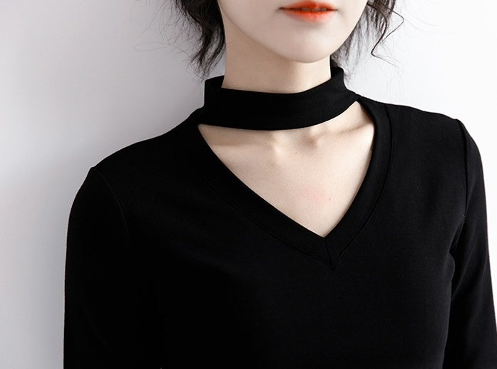 New Black Vneck Long Sleeve Top