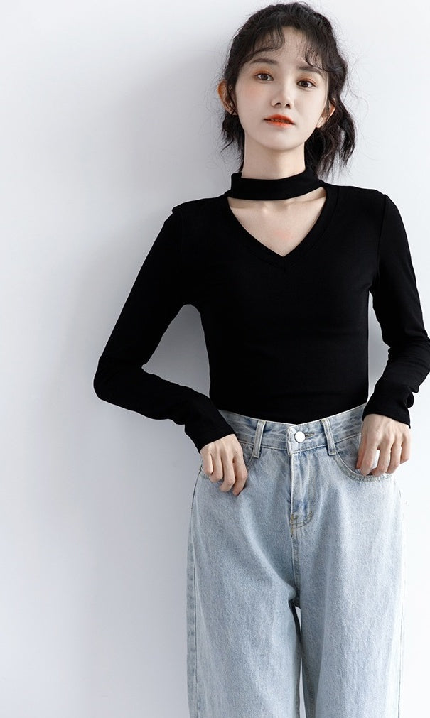 New Black Vneck Long Sleeve Top
