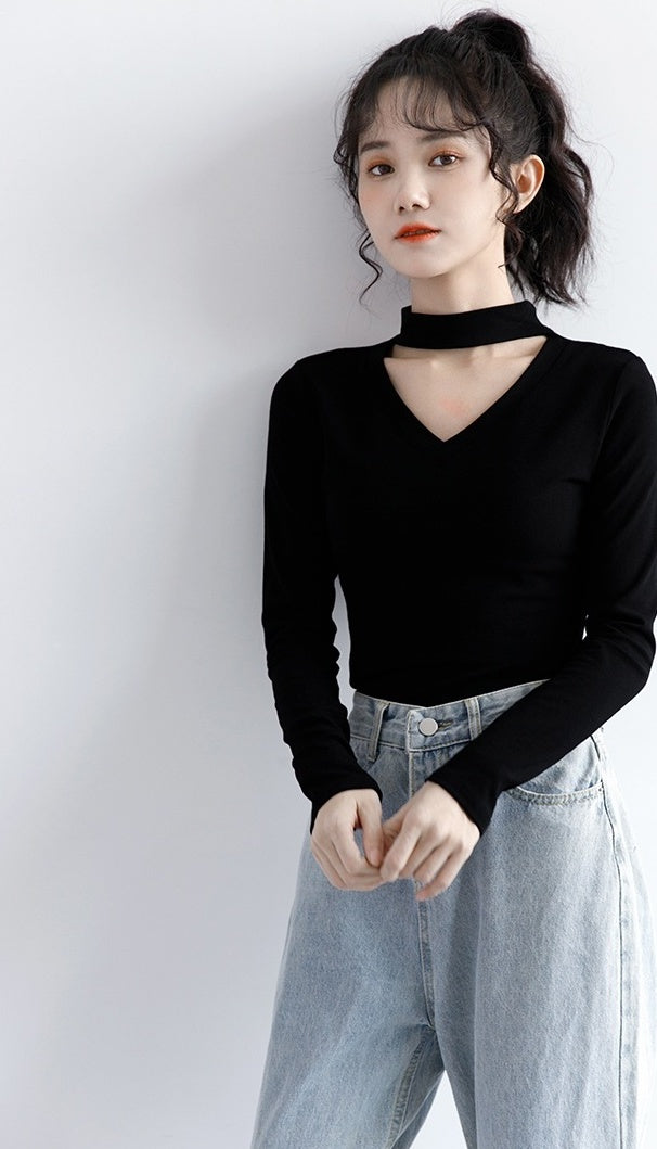 New Black Vneck Long Sleeve Top