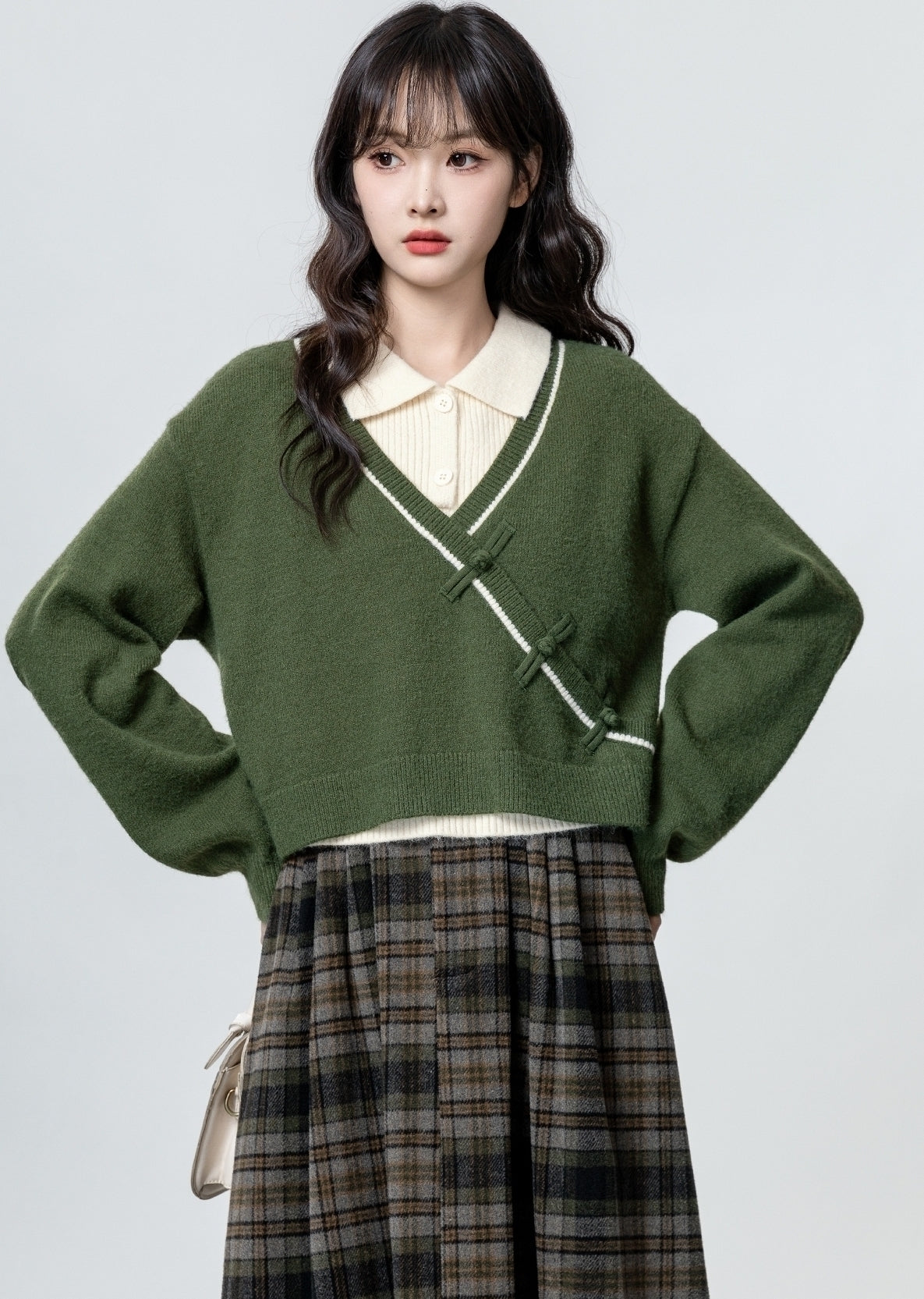 New Style Knit Polo Collar Top With Frog Buttons