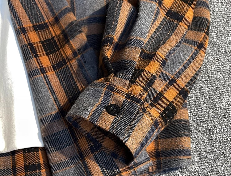 Grey And Orange Plaid Long Sleeve Shirt