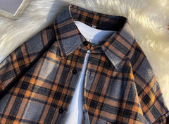 Grey And Orange Plaid Long Sleeve Shirt