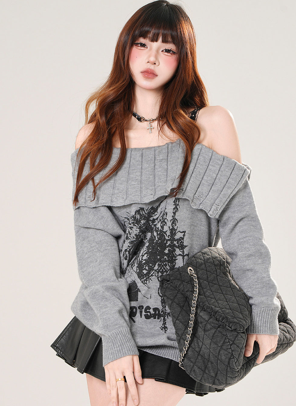 Off Shoulder Lace Knit Sweater