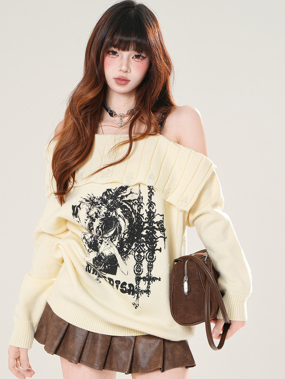 Off Shoulder Lace Knit Sweater