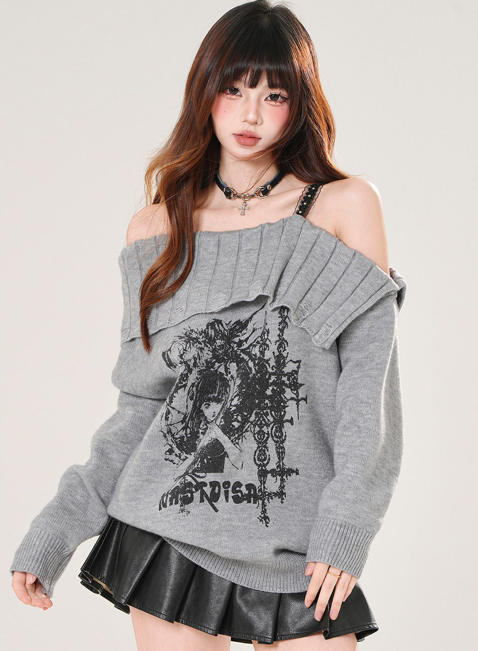 Off Shoulder Lace Knit Sweater