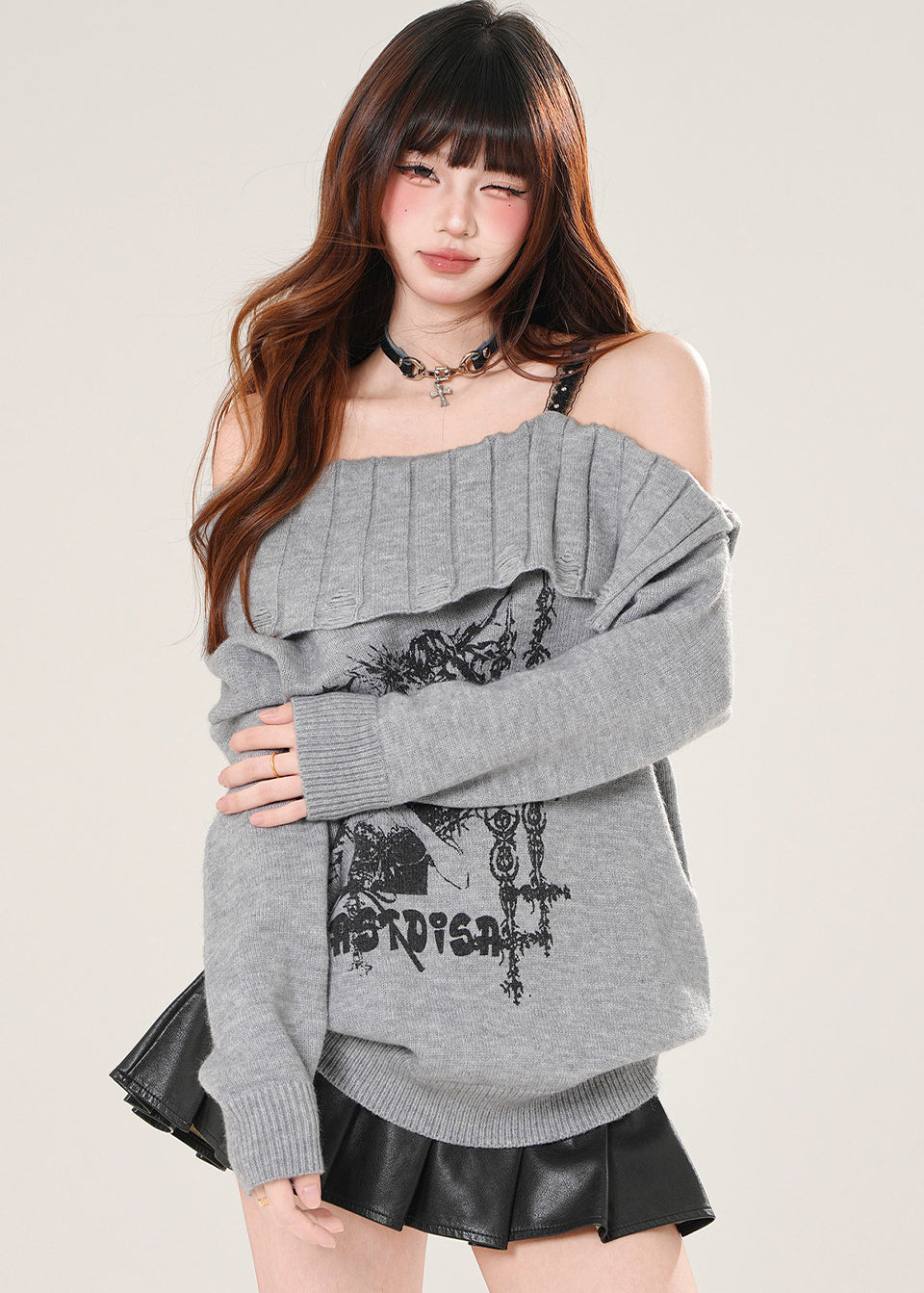 Off Shoulder Lace Knit Sweater