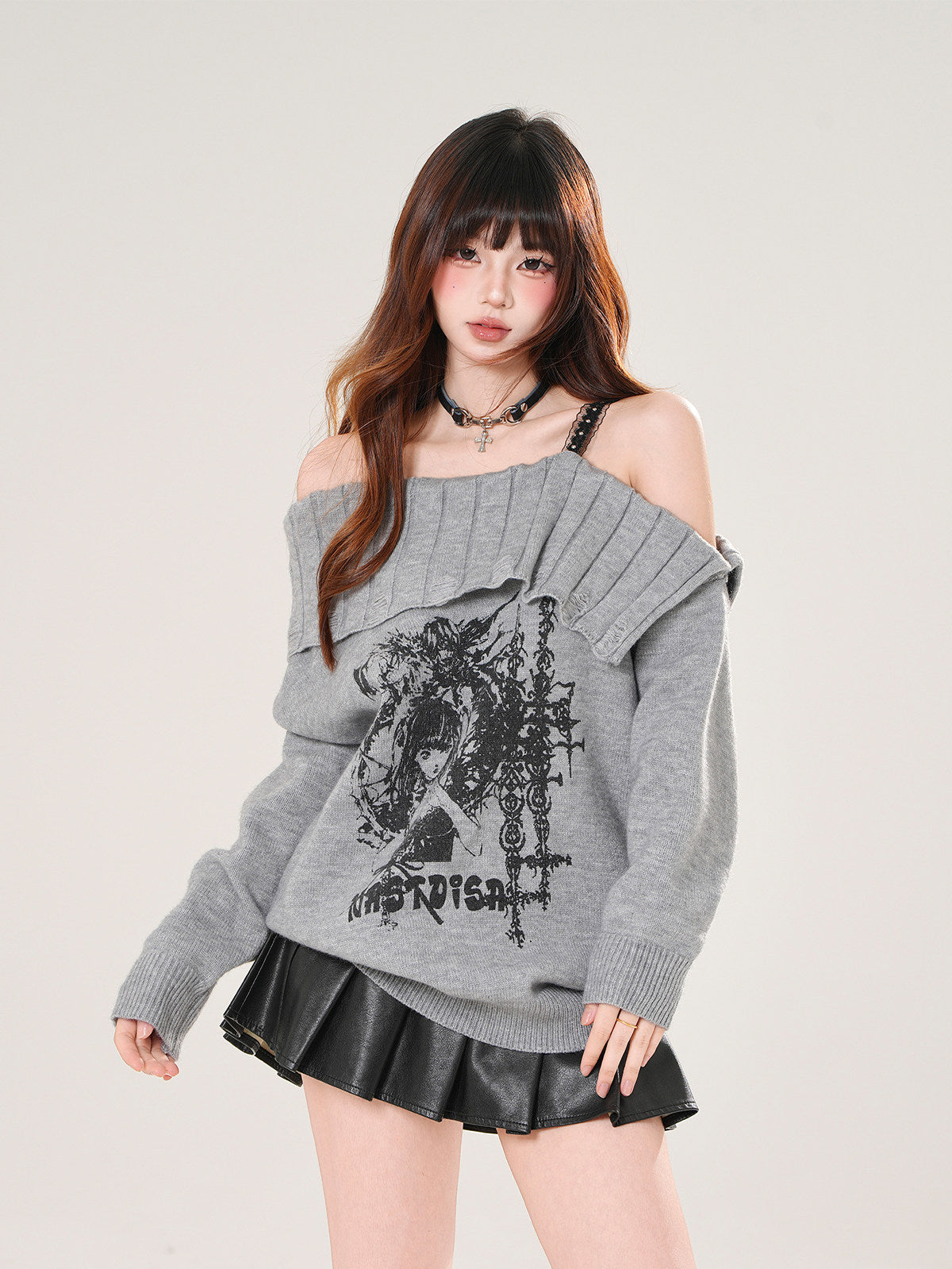 Off Shoulder Lace Knit Sweater