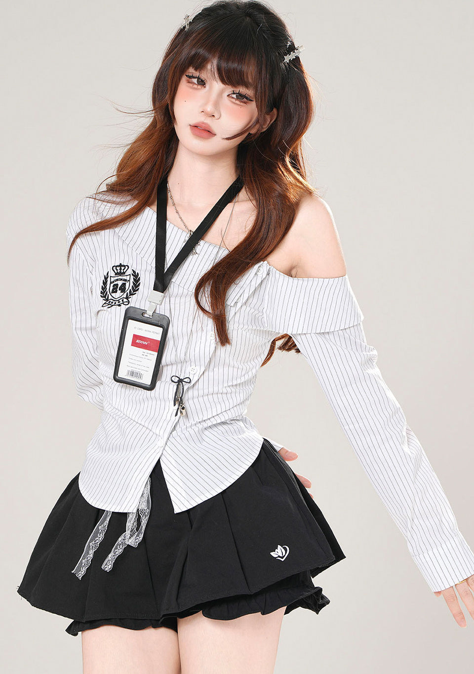 Off Shoulder Striped Slim Fit Shirt
