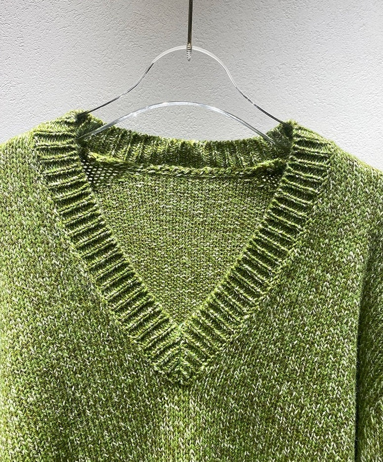 Olive Green V-Neck Knitted Sweater