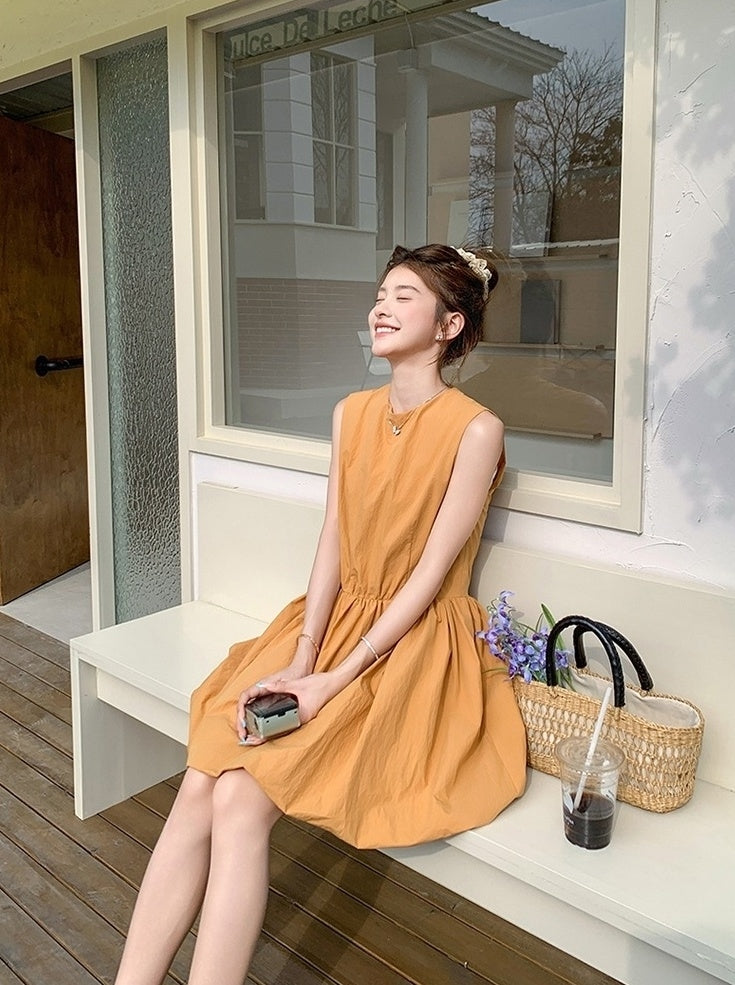 Orange Floral Sleeveless Casual Mini Dress
