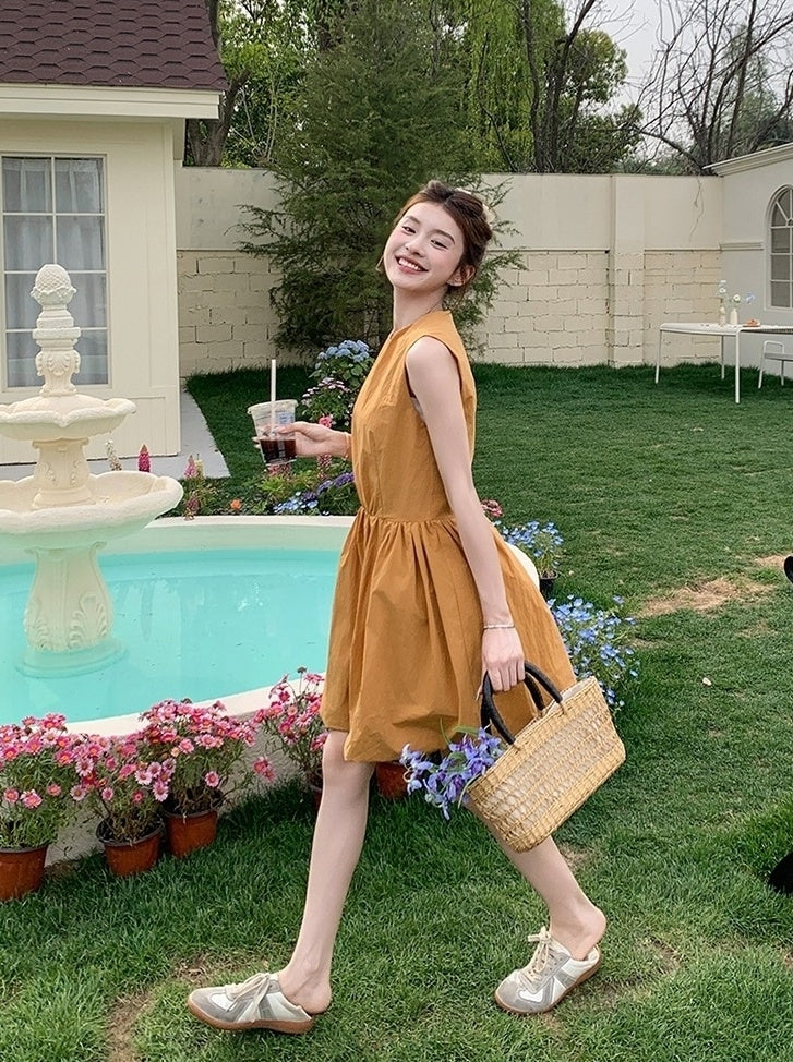 Orange Floral Sleeveless Casual Mini Dress
