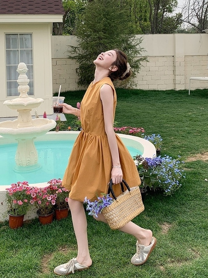 Orange Floral Sleeveless Casual Mini Dress