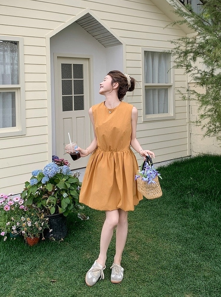 Orange Floral Sleeveless Casual Mini Dress