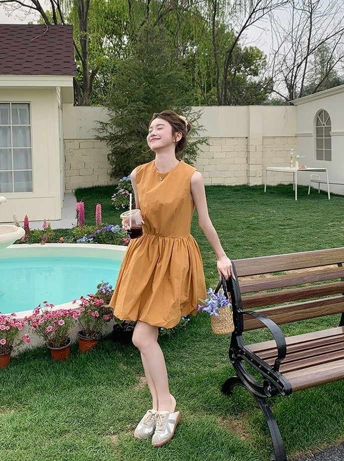 Orange Floral Sleeveless Casual Mini Dress
