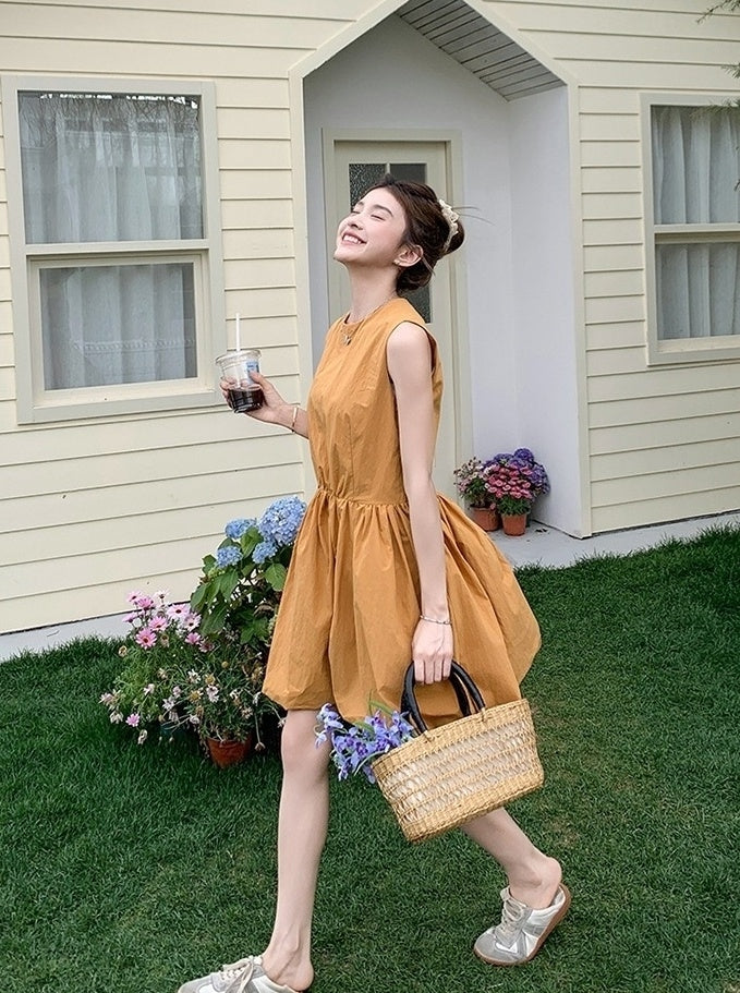 Orange Floral Sleeveless Casual Mini Dress