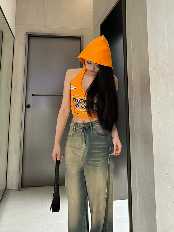 Orange Hooded Halter Crop Top