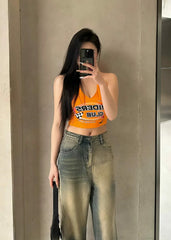 Orange Hooded Halter Crop Top