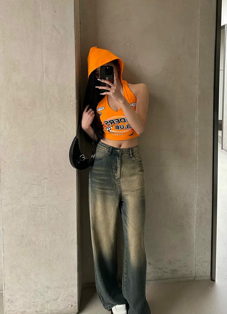 Orange Hooded Halter Crop Top