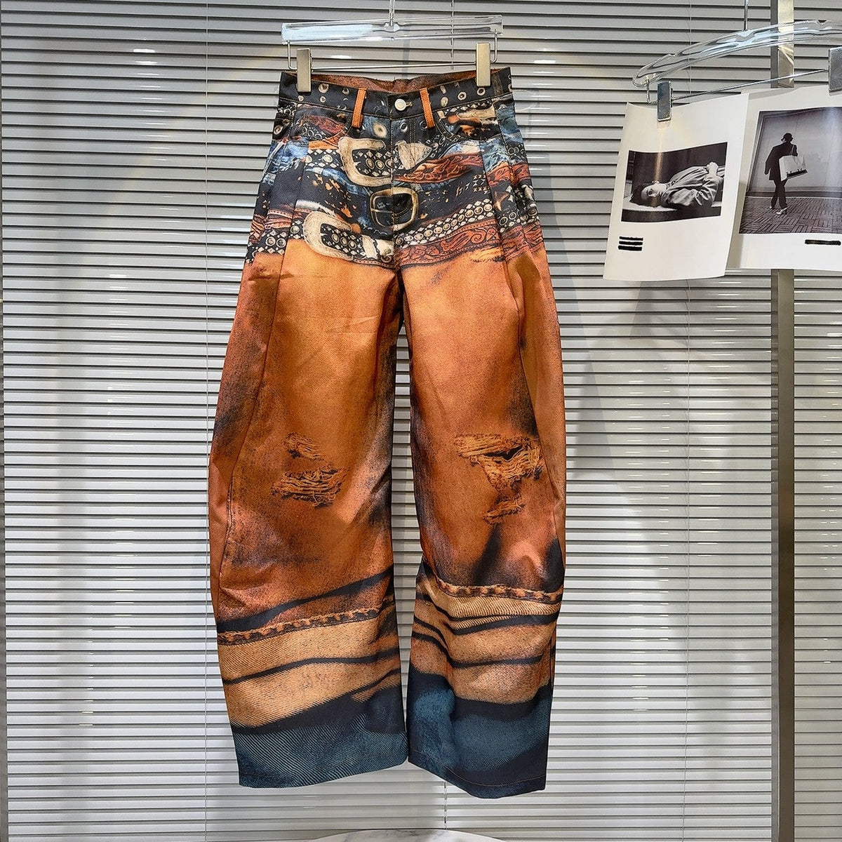 Orange Multiple-Belt Print Loose Jeans