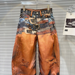 Orange Multiple-Belt Print Loose Jeans
