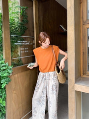 Orange Print Vest Wide Leg Pants Vacation Set