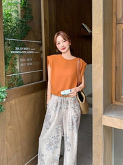 Orange Print Vest Wide Leg Pants Vacation Set