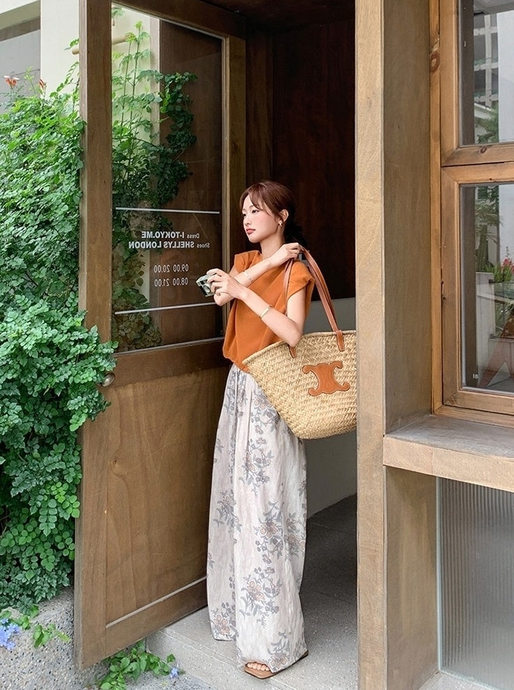 Orange Print Vest Wide Leg Pants Vacation Set