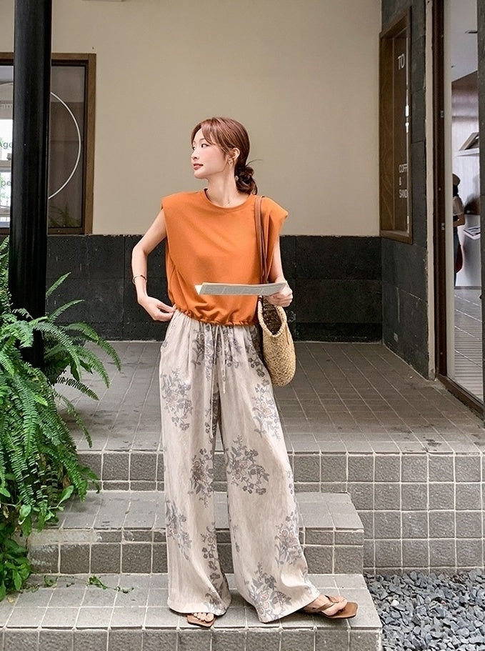 Orange Print Vest Wide Leg Pants Vacation Set