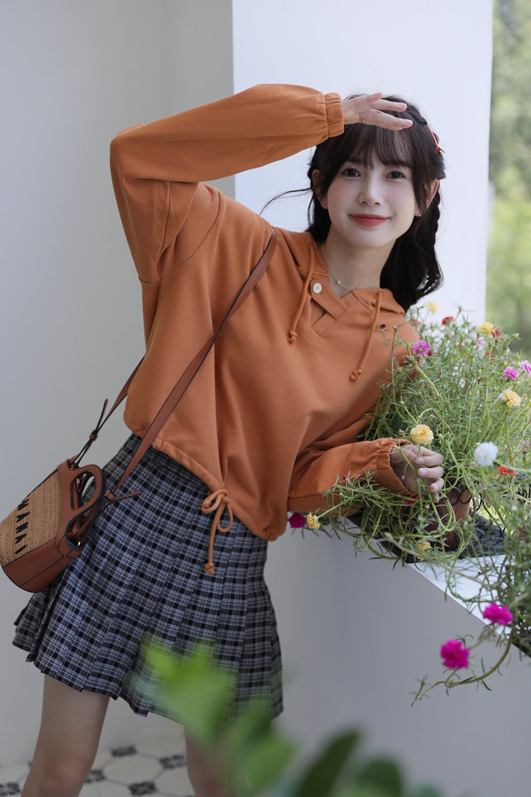 Orange Short Buttoned Detail Hoodie