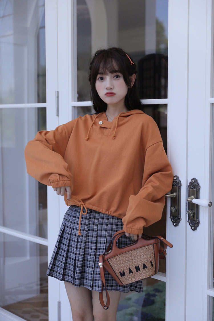 Orange Short Buttoned Detail Hoodie