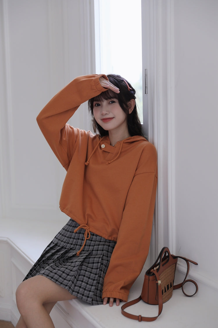 Orange Short Buttoned Detail Hoodie