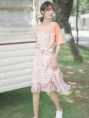 Orange Two-Piece Illusion Polka Dot Dress
