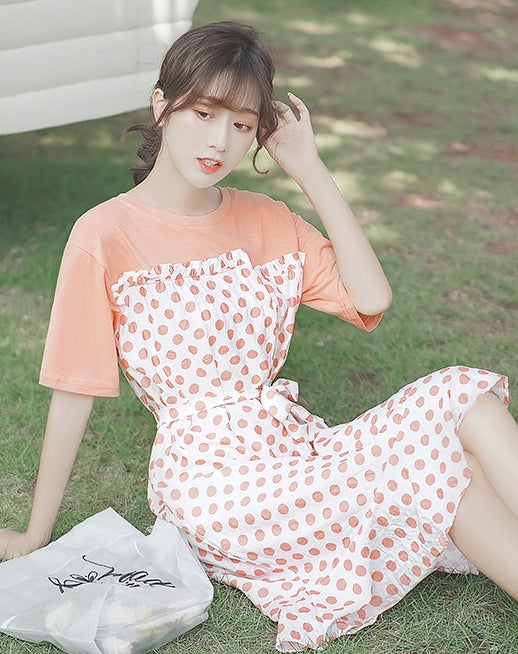 Orange Two-Piece Illusion Polka Dot Dress