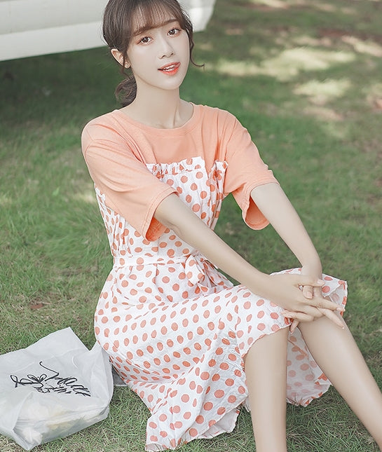 Orange Two-Piece Illusion Polka Dot Dress