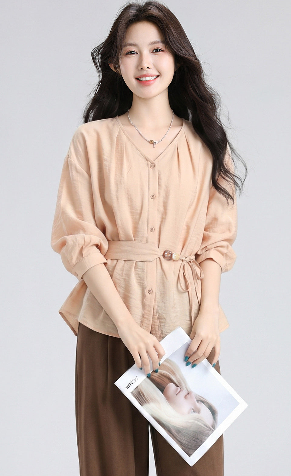 Orange V Neck Tie Waist Short Sleeve Shirt