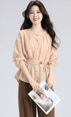 Orange V Neck Tie Waist Short Sleeve Shirt