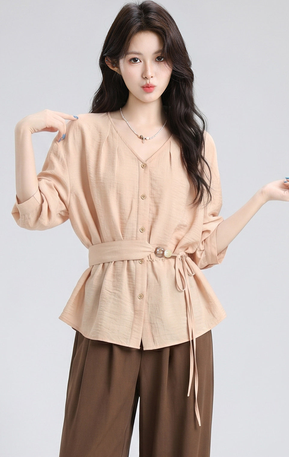 Orange V Neck Tie Waist Short Sleeve Shirt