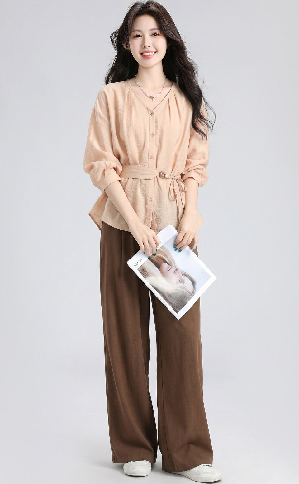 Orange V Neck Tie Waist Short Sleeve Shirt