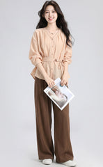 Orange V Neck Tie Waist Short Sleeve Shirt