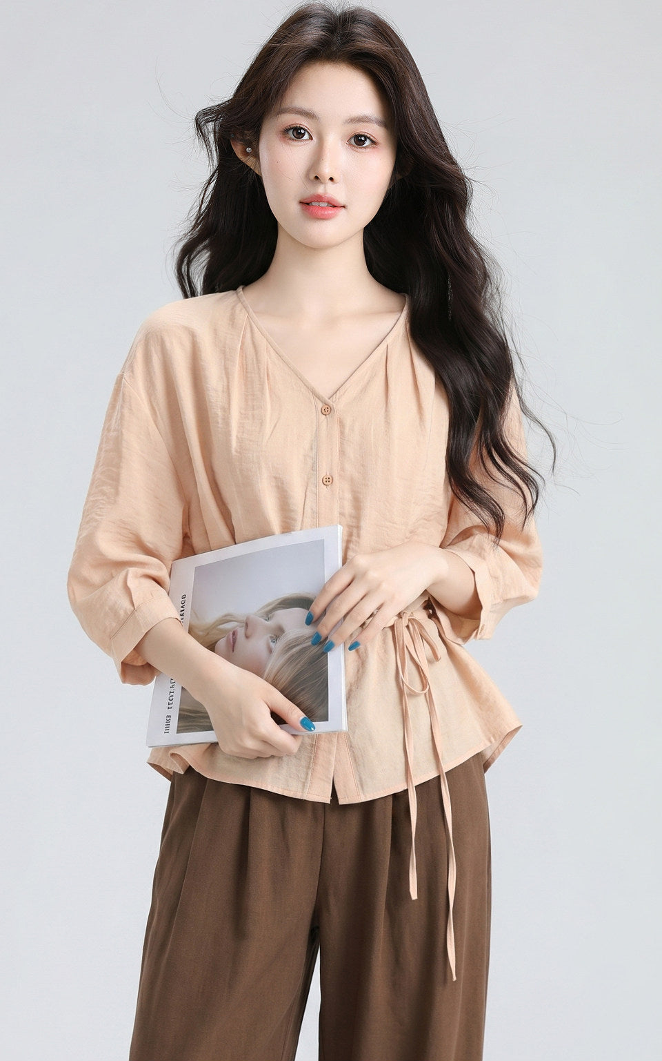 Orange V Neck Tie Waist Short Sleeve Shirt