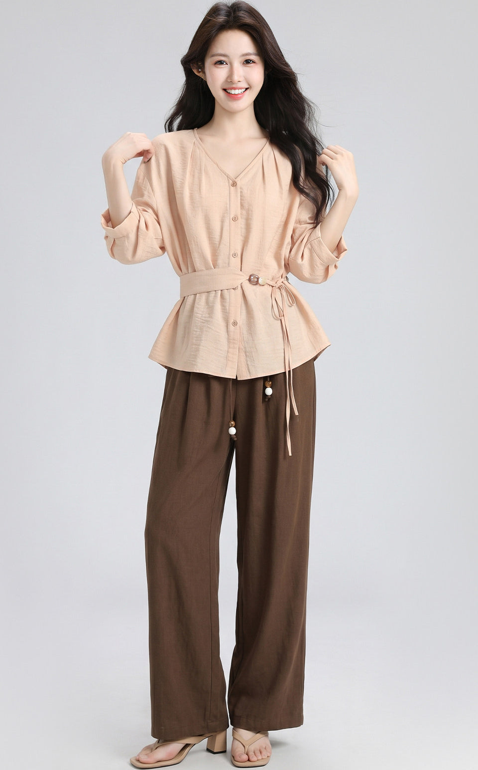 Orange V Neck Tie Waist Short Sleeve Shirt