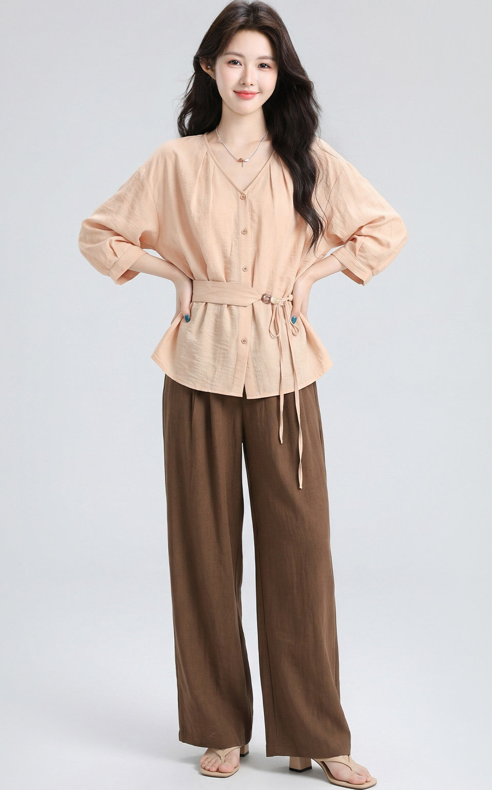 Orange V Neck Tie Waist Short Sleeve Shirt