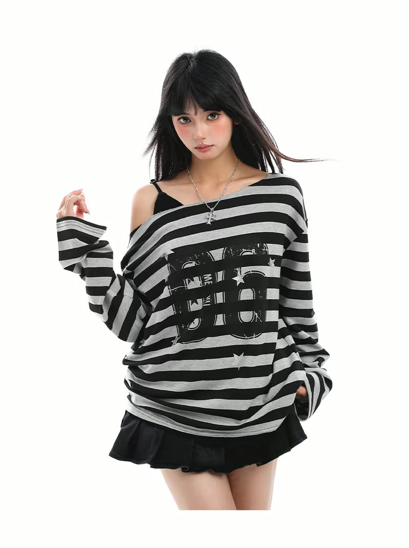 Oversized Striped Off Shoulder Sweatshirt