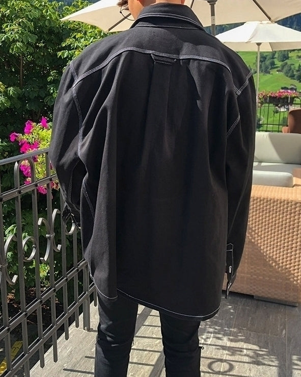 Oversized Washed Denim Jacket Black Korean Style Casual Outerwear