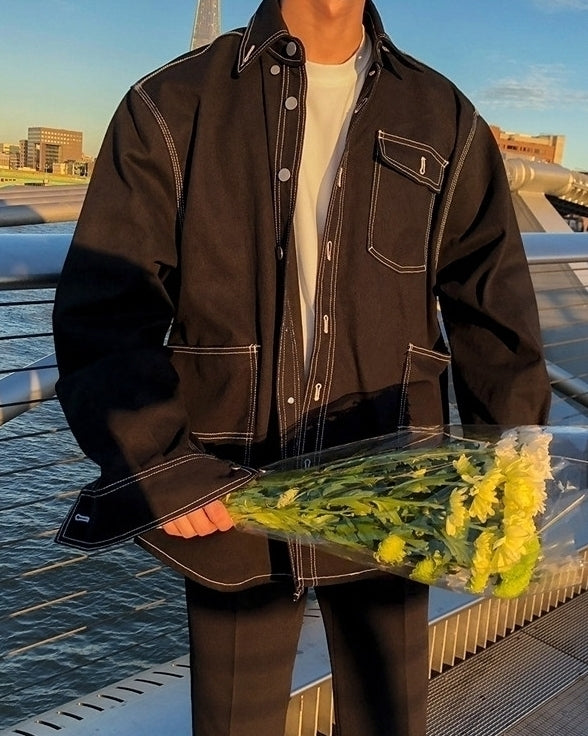 Oversized Washed Denim Jacket Black Korean Style Casual Outerwear